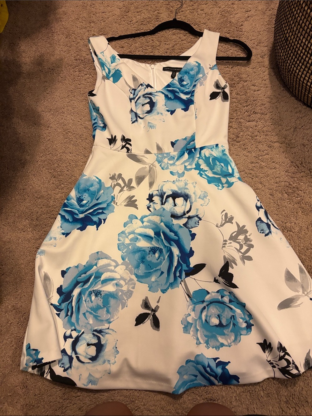 White House Black Market White Dress with Blue Floral Print